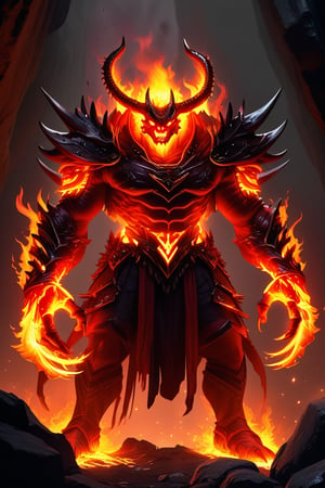 a devil monster stands in dark cave. He uses the magic ring and turns into the ultimate form of a fire magic \(ek_ge1frt\) monster,fire elemental,ek_game_3ffect,ek_real_b00ster