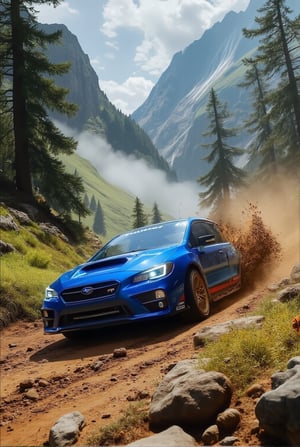 photo of Blue Subaru Impreza 2025 cornering and drifting beautifully at a mountain offroad muddy trail,splashing mud,Sports car,beautiful and complex racing livery,Blue color,shiny spinning wheels,glossy Yellow alloy rims,bright turned on head lights,driver silhouette,driving at high speed,(backdrop of Detailed Realistic mountain offroad trail for speed race,mountain view,trees,rock,hill,cloud,mud,cluttered maximalism),depth of perspective,vehicle focus,sports car,(wide shot) BREAK sharp focus,high contrast,studio photo,trending on artstation,rule of thirds,perfect composition,(Hyper-detailed,masterpiece,best quality,UHD,HDR,32K,shiny, glossy,reflective,kodachrome 800),.,ek_ph0t0_b00ster,ek_an1_b00ster,ek_art_b00ster,ek_game_3ffect