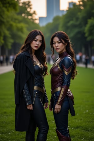 In a dark city park, Seolhyun and Nara stand together, surrounded by lush green grass and trees. Seolhyun has long hair flowing freely, while Nara sports a ponytail. Both are dressed in Wonder Woman outfits with leather jacket on shoulder. The atmosphere is filled with a mix of determination and unease as they prepare for their mission,realistic,detailed,sharp focus,high contrast,masterpiece,best quality,trending on artstation,rule of thirds,depth of perspective,chiaroscuro lighting.
ek_ph0t0_b00ster,ek_art_b00ster,ek_g1rl_02