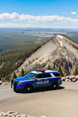 Hyper-Realistic photo of a beautiful LAPD police officer at  Mount Washburn summit of Yellowstone,20yo,1girl, solo,LAPD police uniform,cap,detailed exquisite face,soft shiny skin,smile,sunglasses,looking at viewer,Kristen Stewart lookalike,cap,fullbody:1.3
BREAK
backdrop:Mount Washburn Summit \(wash9urn\) in Yellowstone,summit at eye level,outdoors,blue sky,day,rock,horizon,green mountain,landscape,trail,tree,police car,(girl focus:1.5),cluttered maximalism
BREAK
settings: (rule of thirds1.3),perfect composition,studio photo,trending on artstation,depth of perspective,(Masterpiece,Best quality,32k,UHD:1.4),(sharp focus,high contrast,HDR,hyper-detailed,intricate details,ultra-realistic,kodachrome 800:1.3),(cinematic lighting:1.3),(by Karol Bak$,Alessandro Pautasso$,Gustav Klimt$ and Hayao Miyazaki$:1.3),art_booster,photo_b00ster, real_booster,Ye11owst0ne