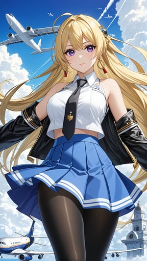 Hyper-Detailed Anime of Casablanca \(Azur Lane\),1girl, solo, long hair, breasts, looking at viewer, skirt, blonde hair, shirt, hair ornament, thighhighs, gloves, navel, bare shoulders, purple eyes, jacket, full body, white shirt, pantyhose, pleated skirt, boots, open clothes, necktie, sleeveless, black gloves, midriff, miniskirt, blue skirt, coat, black pantyhose, sleeveless shirt, floating hair, thigh boots, outstretched arms, aircraft, airplane, rigging,cluttered maximalism
BREAK
(rule of thirds:1.3),(thick drawing lines:1.3),perfect composition,studio photo,trending on artstation,(Masterpiece,Best quality,32k,UHD,sharp focus,high contrast,HDR,hyper-detailed,intricate details,ultra-clear:1.3),(cinematic lighting),by Karol Bak,Gustav Klimt and Hayao Miyazaki,ani_booster,real_booster,art_booster