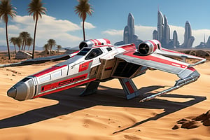 A realistic photo of starship x-wing starfighter in Star Wars universe,red striped body,parked on ground with ((stands)) on desert,wings folded,laser cannons at each wing tip,engines located at wing root, backdrop:desert,sand,palm tree,,sky,cloud,cityscrapes,front left view,R2 D2 walking around next to the ship, ek_starsh1p,ek_xw1ng,ek_xwf1,realistic,detailed,sleek shiny aircraft