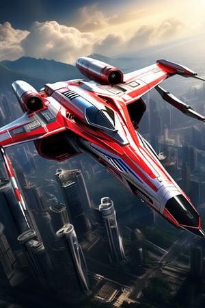 A realistic photo of starship x-wing starfighter in Star Wars universe,red striped body,flying over a futuristic city,wings unfolded,laser cannons at each wing tip,engines located at wing root,
BREAK
backdrop:cityscrapes,sky,cloud,front left view,
ek_starsh1p,ek_xw1ng,ek_xwf1,realistic,detailed,sleek shiny aircraft