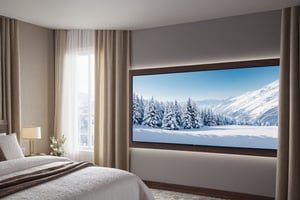 A realistic photo of bedroom in winter resort, pillow,lamp,curtains,window,wall-mount TV,mirror,snow,tree, luxurious,bed focus,(hyper detailed,16K,HDR,hyper-realistic,sharp focus,high contrast,kodachrome 800:1.2),w1nter res0rt,H effect,art_booster,ani_booster