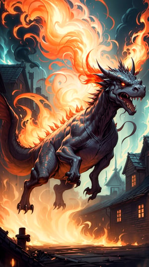(masterpiece,best quality,ultra-detailed,8K,aesthetic, intricate,realistic,high contrast,sharp focus):1.3,illustration of monster looking like T-rexfighting fiercely,roaring in anger,flame elemental magic,flame breathing from mouth,flames and fires on buildings and ground,oil painting,drawing by frank frazetta,color by peter mohrbacher,cinematic lighting,night