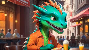 Cartoon: a very cute and young-looking dragon boy,eating American breakfast in a restaurant happily,cheerful,orange jacket,city street backdrop,cinematic lighting,rule of thirds,depth of perspective,trending on artstation,(hyper-realistic,Ultra-detailed,sharp focus,high contrast,HDR,masaterpiece,RAW photo),(fullbody:1.3),dragon_h,art_booster, real_booster,H effect