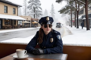 Hyper-Realistic photo of a beautiful LAPD police officer sitting in a cafe in winter resort,20yo,1girl,solo,LAPD police uniform,cap,detailed exquisite face,soft shiny skin,smile,looking at viewer,Kristen Stewart lookalike,cap,sunglasses,fullbody:1.3
BREAK
backdrop:cafe,table,coffee mug,window,snow,road,police car,tree,girl focus,[cluttered maximalism]
BREAK
settings: (rule of thirds1.3),perfect composition,studio photo,trending on artstation,depth of perspective,(Masterpiece,Best quality,32k,UHD:1.4),(sharp focus,high contrast,HDR,hyper-detailed,intricate details,ultra-realistic,kodachrome 800:1.3),(cinematic lighting:1.3),(by Karol Bak$,Alessandro Pautasso$,Gustav Klimt$ and Hayao Miyazaki$:1.3),art_booster,photo_b00ster, real_booster,w1nter res0rt