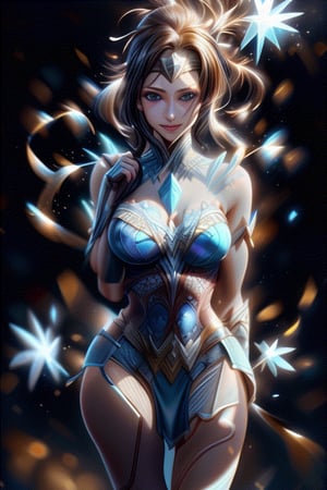 (ice elemental) princess dancing,detailed exquisite face,confident smile,realistic,intricate,hair blown by wind,moving hands,moving hips,hourglass bodyshape,natural huge breast,(upper body),ice elemental magic,kimtaeri,wonder_woman,1 girl