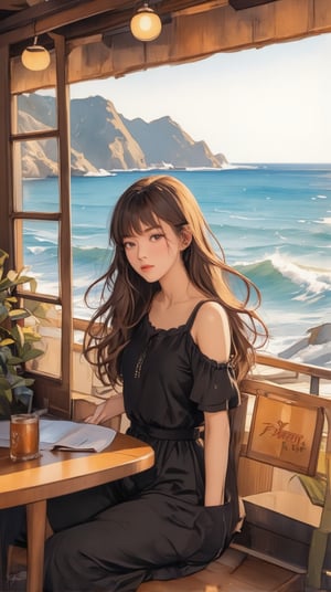 A stylish urban woman is sitting by the window in an ocean-view cafe, close-up view, portrayed in watercolor style. In a close-up view, she is reading a book, deeply focused, with a soft expression of concentration. Dressed in elegant, modern attire, she is partially illuminated by warm sunlight streaming through the large windows behind her. The serene ocean is visible in the background, with gentle waves and a distant horizon, adding a peaceful atmosphere to the scene. ek_g1rl_02,ek_art_b00ster,watercolor painting