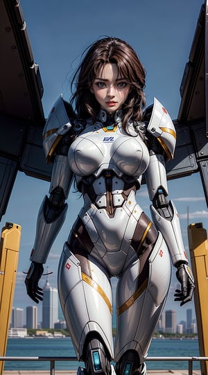 (masterpiece,best quality,ultra-detailed,8K,intricate, realistic),Generate AI art featuring a formidable female mecha warrior. Picture her in a dynamic pose, surrounded by futuristic technology and a cityscape in the background. Emphasize the strength, grace, and high-tech sophistication of this cybernetic warrior. Use a combination of sleek design, intricate details, and a touch of futuristic aesthetic to showcase the prowess and beauty of the female mecha warrior,kwon-nara