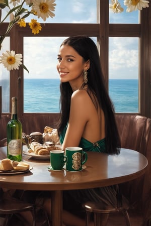 Hyper-Realistic photo of a girl sitting in a cafe,(20yo), 1girl,Brazilian girl,elegant dress,detailed exquisite face,soft shiny skin,model body,smile,mesmerizing,long black hair,small earrings,necklaces,(Modern Green,Hazel Brown and Cream colors),at night,(dark:1.2)
BREAK
backdrop:ocean view cafe,table,coffee mug,dessert,bottle,window, flower,ocean,sky,cluttered maximalism,girl focus
BREAK 
settings:(rule of thirds:1.3),perfect composition,depth of perspective,studio photo,trending on artstation,(Masterpiece,Best quality,32k,UHD:1.4),(sharp focus,high contrast,HDR,hyper-detailed,intricate details,ultra-realistic,kodachrome 800:1.3),(chiaroscuro lighting),by Karol Bak$,Gustav Klimt$ and Hayao Miyazaki$,ek_real_b00ster,ek_photo_booster