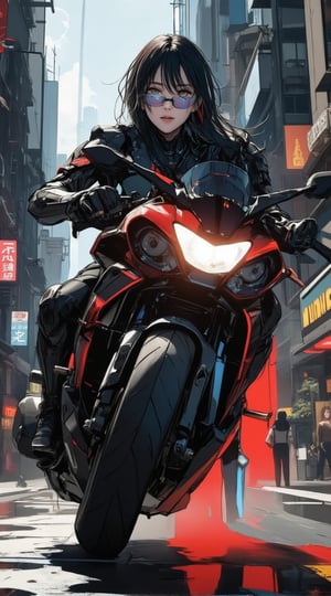 anime of a cyborg girl in mecha armor. Black and red colored armor. neon light lines glowing, exquisite face, soft shiny skin, longhair blowing, sunglasses. riding a motor cycle, kawasaki ninja h2r at high speed,city street backdrop,puddles,focused expression,dark
BREAK
anime style,detailed,sharp focus,high contrast,rule of thirds,depth of perspective,award-winning photo,chiaroscuro lighting,ek_g1rl_02,acryli painting,ink style,ek_an1_b00ster