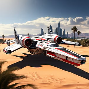 A realistic photo of starship x-wing starfighter in Star Wars universe,red striped body,parked on ground with ((stands)) on desert,wings folded,laser cannons at each wing tip,engines located at wing root,
backdrop:desert,sand,palm tree,,sky,cloud,cityscrapes,front left view,R2 D2 walking around next to the ship,
ek_starsh1p,ek_xw1ng,ek_xwf1,realistic,detailed,sleek shiny aircraft