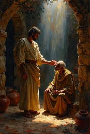 In a humble, ancient home, dimly lit with worn stone walls and simple clay pots lining the floor, a young man stands partially turned to the side. His figure, strong yet serene, is captured from behind and slightly to the side, revealing his outstretched arm and gentle hand placed over the eyes of an elderly, blind man sitting before him. The elder's head tilts slightly upward, his weathered face full of quiet expectation. Above them, radiant beams of light cascade from the heavens, illuminating the young man’s upper body and arm in a sacred glow. The modest room’s sparse furniture and rustic elements are gently highlighted, blending earthly humility with the divine presence filling the scene.,ek_art_b00ster