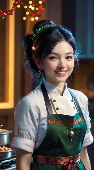 "Generate an image of a young woman (23 years old) cooking a delicious meal in the kitchen on Christmas Eve. She is immersed in the culinary process, gracefully handling ingredients and pots on the stove. The warm glow of the oven illuminates her focused expression, and the festive atmosphere is accentuated by Christmas decorations in the kitchen. The woman wears a stylish apron and chef's hat, adding flair to her festive cooking attire. Surrounding her are holiday-themed ingredients, and the aromas of Christmas spices fill the air. The scene captures the joy and warmth of Christmas, blending culinary artistry with the spirit of the festive season." BREAK

(masterpiece,best quality,ultra-detailed,8K,intricate, realistic:1.3),(full body, wide shot:1.3),smile,black hair, earrings,jewelry, shiny skin, detailed exquisite face,rembrandt lighting,1 girl,Color Booster, leonardo,style,cyberpunk style,greg rutkowski,cyberpunk,song-hyegyo-xl