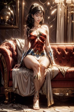 Korean wonder_woman sitting on luxury mansion couch, (brown eyes):1.2, charming smile, happy face, glossy lips, high ponytail, long black straight hair, natural huge breasts, hourglass figure, crossed_legs, earrings, necklasces, (very sexy) pose, glossy skin, (full body), (masterpiece, best quality, ultra-detailed, 8K):1.1, (realistic:1.2), (intricate:1.2), cinematic lighting, yuzu, kwon-nara