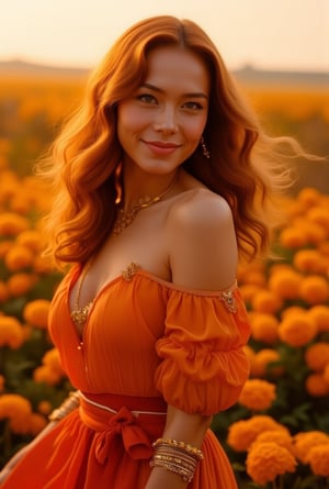 A stunning young woman in her early twenties, embodying the essence of orange hues. Her fiery auburn hair cascades in soft waves around her shoulders, catching the light with warm, golden highlights. Her amber eyes glow like molten sunset, filled with curiosity and spirit. She wears a flowing, silky dress in shades of burnt orange and coral, the fabric glistening like autumn leaves in the sun.

Golden jewelry with small citrine gemstones adorns her wrists and neck, reflecting the warm tones of her attire. She stands in a field of marigolds, the wind gently lifting her dress, her expression joyful and confident, as if she’s a living embodiment of a warm, vibrant sunset.    realistic,detailed,sharp focus,high contrast,trending on artstation,rule of thirds,depth of perspective,chiaroscuro lighting.ek_ph0t0_b00ster,