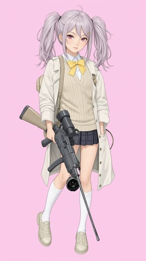 Anime of 1girl, solo, long hair, looking at viewer, bangs, skirt, simple background, shirt, hair ornament, long sleeves, pink background, bow, holding, twintails, closed mouth, school uniform, standing, jacket, full body, weapon, ahoge, grey hair, multicolored hair, pleated skirt, open clothes, shoes, socks, hairclip, bowtie, pink eyes, bag, holding weapon, open jacket, streaked hair, gun, plaid, kneehighs, white jacket, backpack, white socks, holding gun, rifle, yellow bow, sweater vest. (anime style by makoto shinkai:1.3), ek_an1_b00ster,ek_g1rl_02