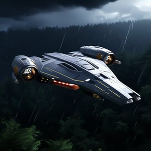 A realistic photo of starship, razor crest \(star wars\),flying over a rain forest at night,rainy,lightning, wings on top,big jet engine on wing tip,canopy on head nose top,,blunt front nose,cannon on head side,front left view,ek_starsh1p,ek_raz0r_cre5t,ek_rcfr0nt_left