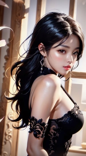 (masterpiece,best quality,ultra-detailed,16K,intricate, realistic,high contrast,photorealistic,HDR,vibrant color,RAW photo), girl in photo studio,23yo,black hair, earrings, jewelry, detailed exquisite symmetric face, hourglass figure,skinny tight jade-color clothes,  detailed soft skin, shiny skin, warm tone,rembrandt lighting, chiaroscuro lighting, upper body sideshot,looking at viewer, cinematic shot,1 girl,leonardo,High detailed ,Color magic,Color Booster,seolhyun