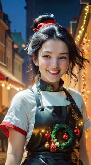 "Generate an image of a young woman (23 years old) cooking a delicious meal in the kitchen on Christmas Eve. She is immersed in the culinary process, gracefully handling ingredients and pots on the stove. The warm glow of the oven illuminates her focused expression, and the festive atmosphere is accentuated by Christmas decorations in the kitchen. The woman wears a stylish apron and chef's hat, adding flair to her festive cooking attire. Surrounding her are holiday-themed ingredients, and the aromas of Christmas spices fill the air. The scene captures the joy and warmth of Christmas, blending culinary artistry with the spirit of the festive season." BREAK

(masterpiece,best quality,ultra-detailed,8K,intricate, realistic:1.3),(full body, wide shot:1.3),smile,black hair, earrings,jewelry, shiny skin, detailed exquisite face,rembrandt lighting,1 girl,Color Booster, leonardo,style,cyberpunk style,greg rutkowski,cyberpunk,kimtaeri-xl