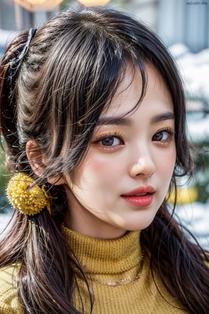 (masterpiece,best quality,ultra-detailed,8K,intricate, realistic),girl in snow park,gentle smile,black hair,(close-up),(yellow:1.3) high neck knit sweater,(colorful), rembrandt lighting,song-hyegyo