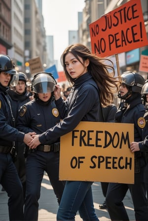 A dramatic scene depicting a beautiful female leader of a protest advocating for 'Freedom of Speech.' She stands valiantly at the forefront, her expression fierce and unwavering, but is being overpowered by police officers pressing her down to the ground. Her struggle against oppression is palpable, with her hair flowing and determination etched on her face. In the background, an angry crowd holds up signs with bold slogans like 'No Justice, No Peace!' and 'Fight for Our Rights!' Their passionate shouts resonate in the air, emphasizing the collective demand for freedom and justice. The contrast between the leader’s defiance and the aggressive police presence captures the intensity of the protest and the fight for human rights.
BREAK
realistic,detailed,sharp focus,high contrast,rule of thirds,depth of perspective,award-winning photo,chiaroscuro lighting,ek_g1rl_02,ink style