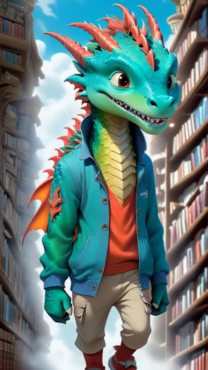 Cartoon: a very cute and young-looking dragon boy,walking round in a bookstore,sky blue jacket,cheerful,complex backdrop,cinematic lighting,rule of thirds,depth of perspective,trending on artstation,(hyper-realistic,Ultra-detailed,sharp focus,high contrast,HDR,masaterpiece,RAW photo),(fullbody:1.3),dragon_h,art_booster, real_booster