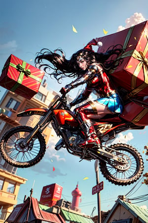Generate AI art describing Wonder Woman in a Santa costume, riding a Suzuki's latest motorcycle, jumping in the air while carrying a large gift bag on her back. Create a Christmas-themed scene with vibrant colors, festive decorations, and a sense of excitement. Emphasize the dynamic and joyful atmosphere of the moment as Wonder Woman spreads holiday cheer on her motorcycle.,1 girl,wonder_woman,kwon-nara