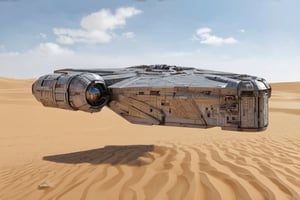 A starship razor crest \(star wars\) landed on desert,

backdrop:desert,sand,sky,cloud,cityscape far away,

realistic,detailed,sharp focus,high contrast, ek_raz0r_cre5t,ek_rcfr0nt_left