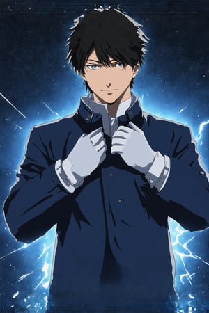 Roy Mustang, a lone figure shrouded in darkness, gazes directly at the viewer with an expressionless face, black hair neatly styled, and white gloves glistening under the dim light. He stands tall, uniform perfectly aligned, military coat on shoulders, blue pants reflecting the faint embers of flames dancing nearby. His eyes gleam like polished coal, a hint of seriousness etched on his face as he adjusts his jacket's collar. Flickering sparks illuminate the dark tunnel backdrop, where the edges of his long sleeves and gloves seem to absorb the light.
BREAK 
(rule of thirds:1.3),perfect composition,trending on artstation,(thick and clear drawing lines:1.3),(masterpiece,best quality,32K,UHD,sharp focus,high contrast,hyper-detailed,intricate details,ultra-clear,cinematic lighting,vivid colors:1.5),ek_ani_b00ster,ek_art_b00ster