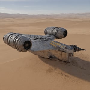 A starship razor crest \(star wars\) landed on desert,cannons on head side,canopy on head top,jet engine on wing tip,top mounted wings,blunt head,door on left side,

desert,sand,sky,cloud,

realistic,detailed,sharp focus,high contrast, ek_raz0r_cre5t,ek_rcfr0nt_left