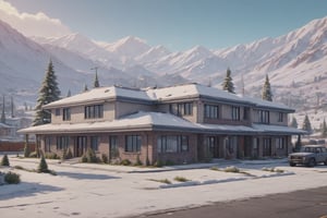 a beautiful resort center,modern style house,no wood house,sign,window,shop,snow, street,trees,brick and concrete material,poster composition,sunny day, cool, aesthetic, full resort center in frame,highly detailed, 8k, ultra sharp, masterpiece, realistic, detailed house,H effect,Comic Book-Style 2d,w1nter res0rt