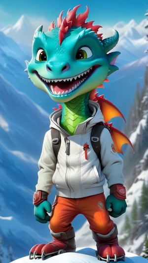 Cartoon: a very cute and young-looking dragon boy,riding snowboard,white jacket,cheerful,snow mountain ski slope backdrop,cinematic lighting,rule of thirds,depth of perspective,trending on artstation,(hyper-realistic,Ultra-detailed,sharp focus,high contrast,HDR,masaterpiece,RAW photo),(fullbody:1.3),dragon_h,art_booster, real_booster