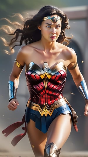 Very (detailed) illustration of a ((best quality)), ((masterpiece)), mesmerizing and alluring female running like an athlete, dishelved hair flown by wind, small earrings, detailed eyes, glossy skin, hourglass_figure, natural huge breasts, high contrast, [colorful], full body, view from side, rule of thirds, cinematic lighting, detailmaster2, kwon-nara-xl,wonder-woman-xl