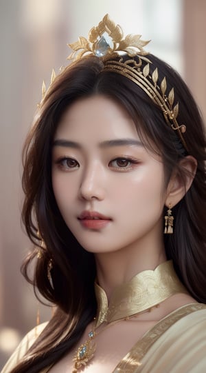 A highly detailed and hyper realistic drawing of a  gorgeous asian Goddess, elegantly clad, close-up, trending on artstation, sharp focus, studio photo, intricate details, highly detailed, by greg rutkowski, trending on artstation, sharp focus, studio photo, intricate details, highly detailed, close up portrait photo by Annie Leibovitz, film, studio lighting, detailed skin, ultra realistic, bokeh, sharp features,leonardo,jeon_jihyun