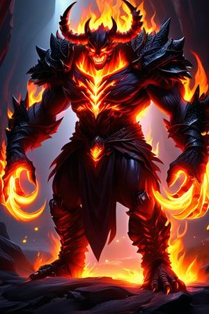 a devil monster stands in dark cave. He uses the magic ring and turns into the ultimate form of a fire magic \(ek_ge1frt\) monster,fire elemental effect,ek_game_3ffect,ek_real_b00ster