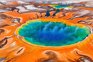 ((Hyper-Realistic)) detailed scene of one Grand Prismatic Spring in Yellowstone,diameter of 90m,vivid color for Spring,largest hot spring in United States,deep blue color in the center of the pool,aerial view,many people on road on top of the scene,orange mane-like soil around the pool,brown and white soil color,smoke from spring,brown and white color soil,1 spring
BREAK 
aesthetic,rule of thirds,depth of perspective,perfect composition,studio photo,trending on artstation,cinematic lighting,(Hyper-realistic photography,masterpiece, photorealistic,ultra-detailed,intricate details,16K,sharp focus,high contrast,kodachrome 800,HDR:1.2),photo_b00ster,real_booster,ye11owst0ne,(grandpr1smat1c:1.2),grandpr1smat1c,Ye11owst0ne,oldfa1thfu1
