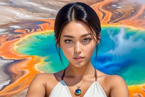 ((Hyper-Realistic)) photography of a beautiful girl taking selfie of Grand Prismatic Spring of Yellowstone,holding a smart phone,20yo,detailed symmetric face,detailed soft shiny skin,detailed eyes,sharp nose,short hair,hourglass figure,perfect female form,mesmerizing and alluring,looking at viewer,(upperbody shot:1.3)
BREAK
(backdrop;grandpr1smat1c,vivid color for Spring,orange mane-like soil around the pool,brown and white soil color,smoke from spring,brown and white color soil,1 spring)
BREAK
rule of thirds,studio photo,perfect composition,(masterpiece,HDR,trending on artstation,8K,Hyper-detailed,intricate details,hyper realistic,high contrast:1.3),cinematic lighting,soft rim lighting,key light reflecting in the eyes,by Karol Bak,Antonio Lopez,Gustav Klimt and Hayao Miyazaki,
wonder-woman-xl, photo_b00ster,real_booster, art_booster,Decora_SWstyle,seolhyun,Ye11owst0ne