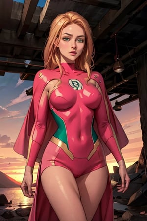 (masterpiece, best quality, ultra-detailed, 8K),high detail,picture perfect face,blush,Atom Eve walking in volcano cave,perfect female body,hourglass bodyshape,slim,(green eyes,iridiscent eyes),(golden hair), colorfull,cute,sexy,charming,alluring,seductive,(pink super hero suit,cape),shy,exited,pink energy,upper body shot