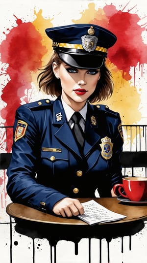 a beautiful 20yo police girl \(LAPD\) in a cafe,table,coffee,detailed exquisite face,LAPD form-fitting uniform,cap,badge,medium breasts,perfect female form,[model body],[red,blue,yellow colors],

Frank Miller's Sin City style,ink art,watercolor,splash, chiaroscuro lighting,ek_art_b00ster,ek_1nk_art,(dark:1.3)