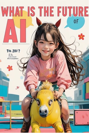 An anime of a cute girl saying "What is the future of AI Art?" in a big word bubble.big smile.riding a toy horse in a playground,beauy_ks01,anime style,ek_an1_b00ster,acryli painting,ILLUSTRANIME