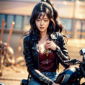 wonder woman ((riding on a motor cycle)), Korean girl, (1girl, solo), 23yo, high ponytail, [long] black straight hair, huge natural breasts, narrow waists, hair blown by the fast wind, ,

((driving a sexy motor cycle - 2023 Yamaha YZF-R1M)), (biker jacket and jean pants), wonder woman costume under biker jacket, wonder woman boots, ,

(upper body shot), cinematic shot, cinematic lighting, ,

(normal body structure), (correct proportions), (normal limbs and fingers), better_hands, 
(masterpiece, best quality:1.4), (beautiful, aesthetic, perfect, delicate, intricate:1.2), (realistic:1.3), kwon-nara