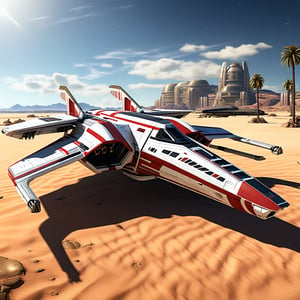 A realistic photo of starship x-wing starfighter in Star Wars universe,red striped body,parked on ground with ((stands)) on desert,wings folded,laser cannons at each wing tip,engines located at wing root,
backdrop:desert,sand,palm tree,,sky,cloud,cityscrapes,front left view,R2 D2 walking around next to the ship,
ek_starsh1p,ek_xw1ng,ek_xwf1,realistic,detailed,sleek shiny aircraft