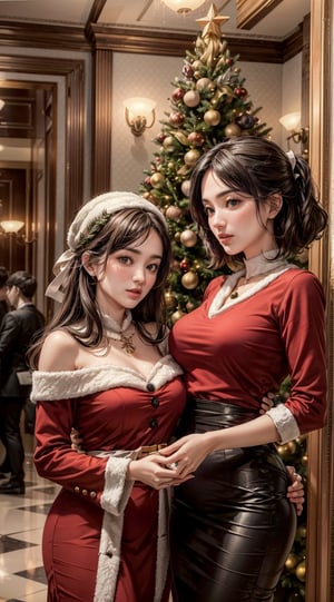 (masterpiece,best quality,ultra-detailed,8K),Generate AI art portraying a delightful scene in a hotel lobby where two charming female staff members decorate a grand Christmas display. Envision the lobby adorned with festive ornaments, a towering Christmas tree, and elegant decorations. Capture the joyful expressions of the two women as they work together to bring holiday cheer to the hotel. Utilize warm and inviting colors, with soft lighting that enhances the festive atmosphere. Incorporate details like twinkling lights, ribbons, and ornaments to create a visually appealing and heartwarming depiction of the holiday spirit in a luxurious hotel setting.,song-hyegyo