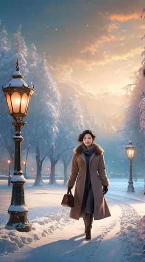 "Generate an image of a sophisticated (23yo) woman strolling along a snow-covered lakeside park. Dressed elegantly in a stylish winter coat, she gracefully navigates the serene surroundings. The soft glow of lampposts casts a warm light on the pristine snow, creating a picturesque winter scene. The woman's breath forms gentle clouds in the chilly air as she takes in the peaceful beauty of the snow-laden landscape. The stillness of the snowy park and the calm of the wintry atmosphere combine to evoke a sense of tranquility and elegance in this enchanting moment." BREAK
(masterpiece,best quality,ultra-detailed,8K,intricate, realistic:1.3),(full body, wide shot:1.3),smile,black hair,sharp nose,small face,earrings,jewelry, shiny skin, detailed exquisite symmetric face,cinematic lighting,1 girl,Color Booster,leonardo,style,cyberpunk style,greg rutkowski,jeon_jihyun