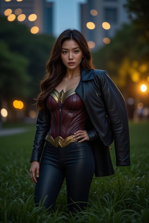 In a dark city park, Seolhyun and Nara stand together, surrounded by lush green grass and trees. Seolhyun has long hair flowing freely, while Nara sports a ponytail. Both are dressed in Wonder Woman outfits with leather jacket on shoulder. The atmosphere is filled with a mix of determination and unease as they prepare for their mission,realistic,detailed,sharp focus,high contrast,masterpiece,best quality,trending on artstation,rule of thirds,depth of perspective,chiaroscuro lighting.
ek_ph0t0_b00ster,ek_art_b00ster,ek_g1rl_02