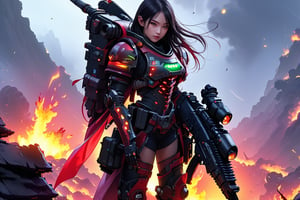 a girl in warhammer 4K style armor suit \(ek_g4k\),holding rifle,ek_game_3ffect,looking at viewer,blurry alien landscape background,smoke,flame,dynamic angle,anime style by makoto shinkai,detailed, ek_ph0t0_b00ster, ek_an1_b00ster,upperbody shot