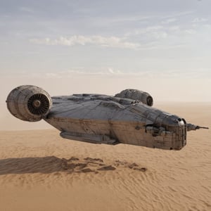 A starship razor crest \(star wars\) landed on desert,top mounted wings,jet engine on wing tip,blunt head,canopy on head top,cannons on head side,door on left side,

desert,sand,sky,cloud,

realistic,detailed,sharp focus,high contrast, ek_raz0r_cre5t,ek_rcfr0nt_left