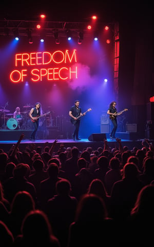 A high-energy rock concert scene with a band performing on stage, their instruments blaring as the lead singer belts out powerful lyrics. The stage is bathed in vibrant lights—flashes of red, blue, and purple illuminating the musicians, who are fully immersed in the performance. The band members are dynamic, with the lead guitarist striking a dramatic pose as they play, while the drummer keeps a fast, pounding rhythm. Behind them, high above the stage, a bright neon sign glows with the words 'Freedom of Speech,' its bold lettering casting a colorful reflection across the backdrop. In front of the stage, a large, energetic crowd dances and sways to the music. People are jumping, clapping, and moving to the beat, their excitement palpable in the air. The atmosphere is electric, a mixture of rebellion and liberation, as the music and the message on the neon sign combine to create a sense of freedom and expression. The scene captures the raw emotion and power of live music as a force for personal and collective freedom." This prompt evokes a lively and rebellious atmosphere where music and free expression are intertwined.
BREAK
realistic,detailed,sharp focus,high contrast,rule of thirds,depth of perspective,award-winning photo,chiaroscuro lighting
BREAK
ek_g1rl_02,ek_art_b00ster,beauy_ks01, ek_ph0t0_b00ster